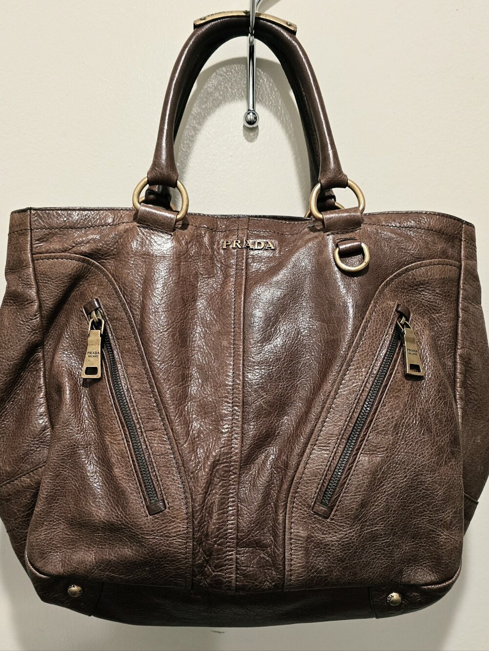 Vintage Prada Chocolate Brown Leather Tote with Gold-Tone Hardware
